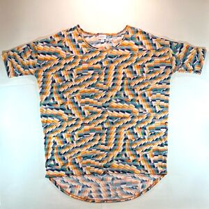 LuLaRoe Irma Tunic Top Geometric Squiggle Print w/ Heathered Stripes Medium